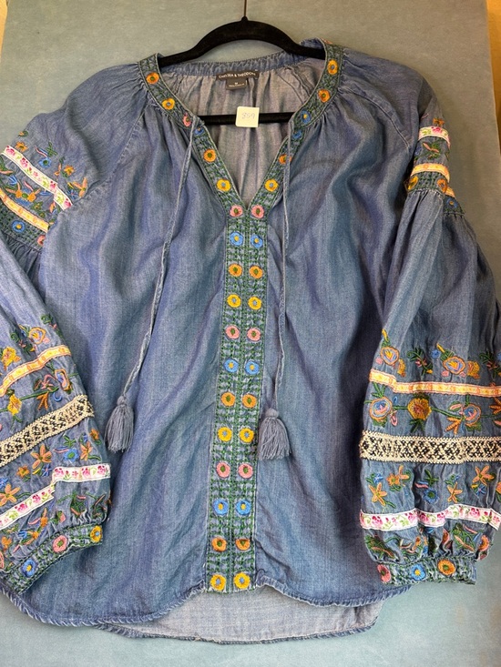 Chelsea & Theodore Tops - Embroidered Denim Peasant Blouse by Chelsea & Theodore